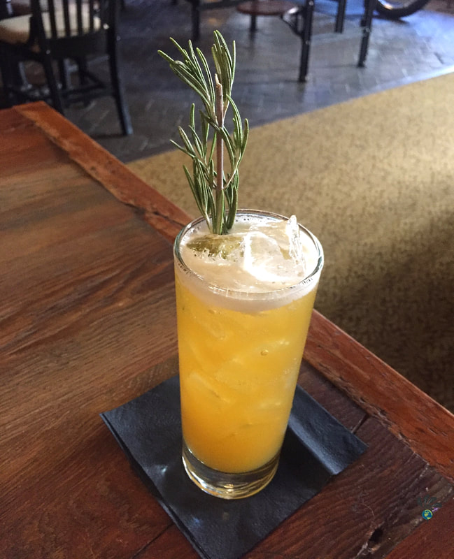 Tall cocktail glass filled with orange liquid with a stalk of rosemary in the topPicture