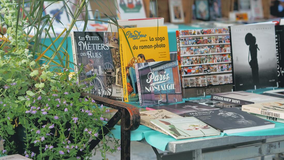 A display of used books at an outdoor table next to a flower planter with little purple flowers