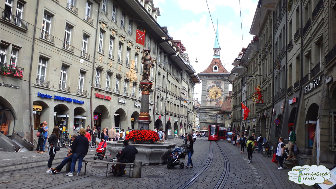 A street scene and fountain in Bern