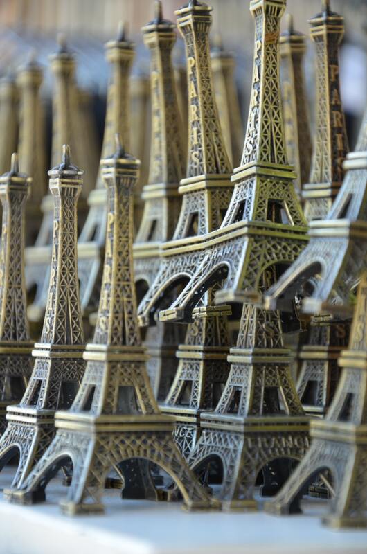 Stack of cheap Eiffel Tower trinkets. 