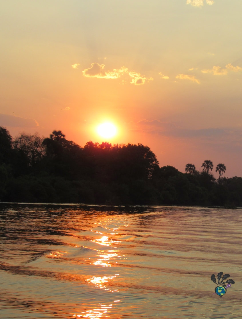 Sunset river cruise on the Zambezi River in Victoria Falls Zimbabwe: Orange setting sun