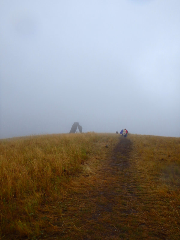 People walk up a hill covered in yellow grain on a misty day, the Domo sculpture in the background