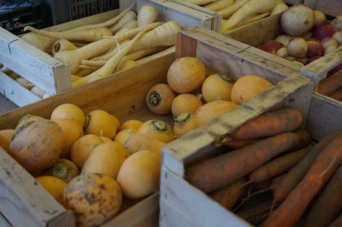Wooden produce crates with carrots, golden turnips, purple turnips, and parsnips