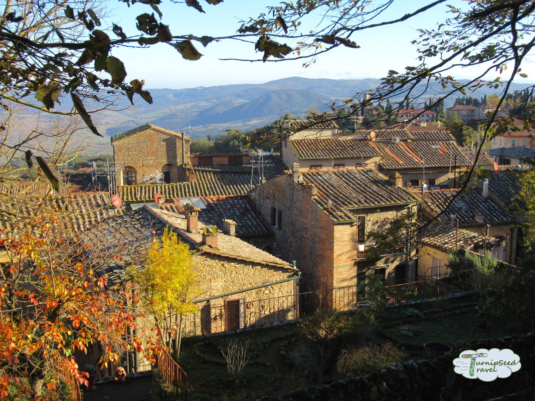 Views of the Tuscan countryside with green hills and farmhouses and village rooftops in Volterra 