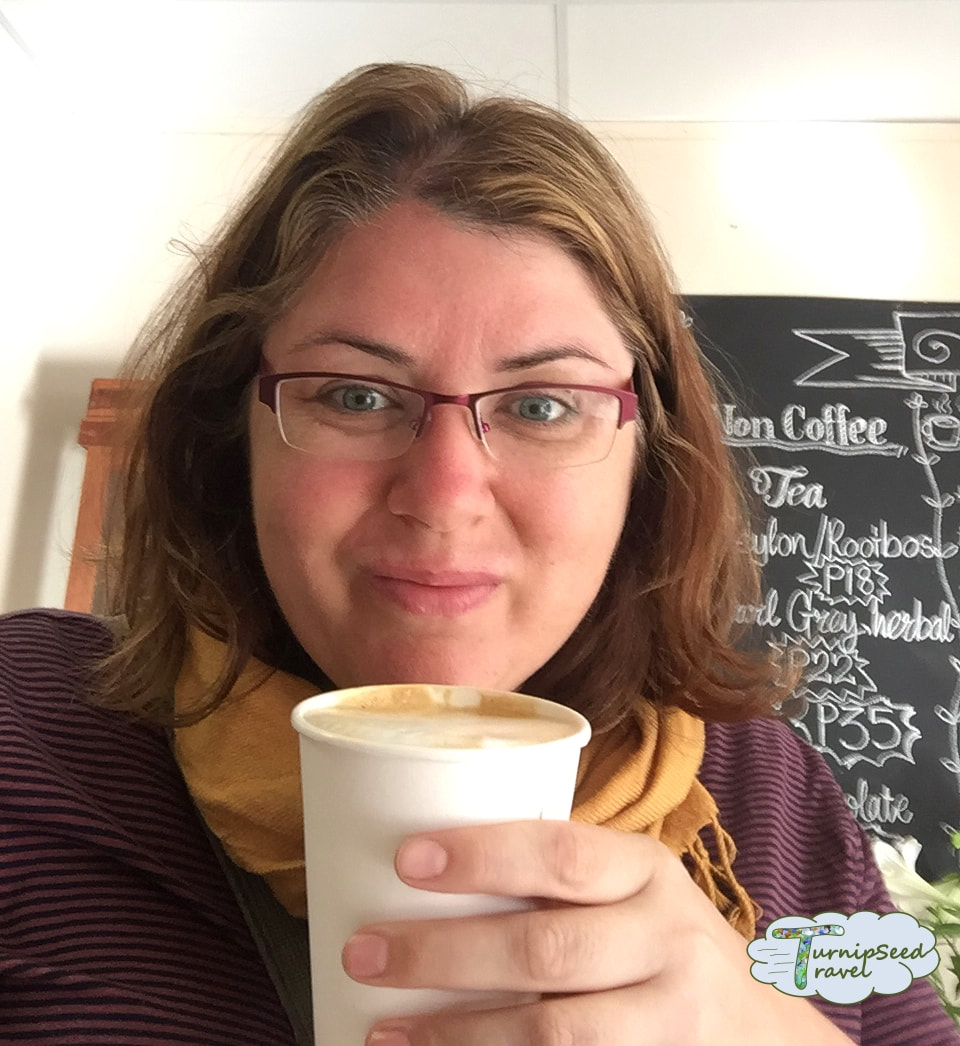 Where to eat in Maun, Botswana: Enjoying a vanilla latte at the Wax Apple Cafe in Maun